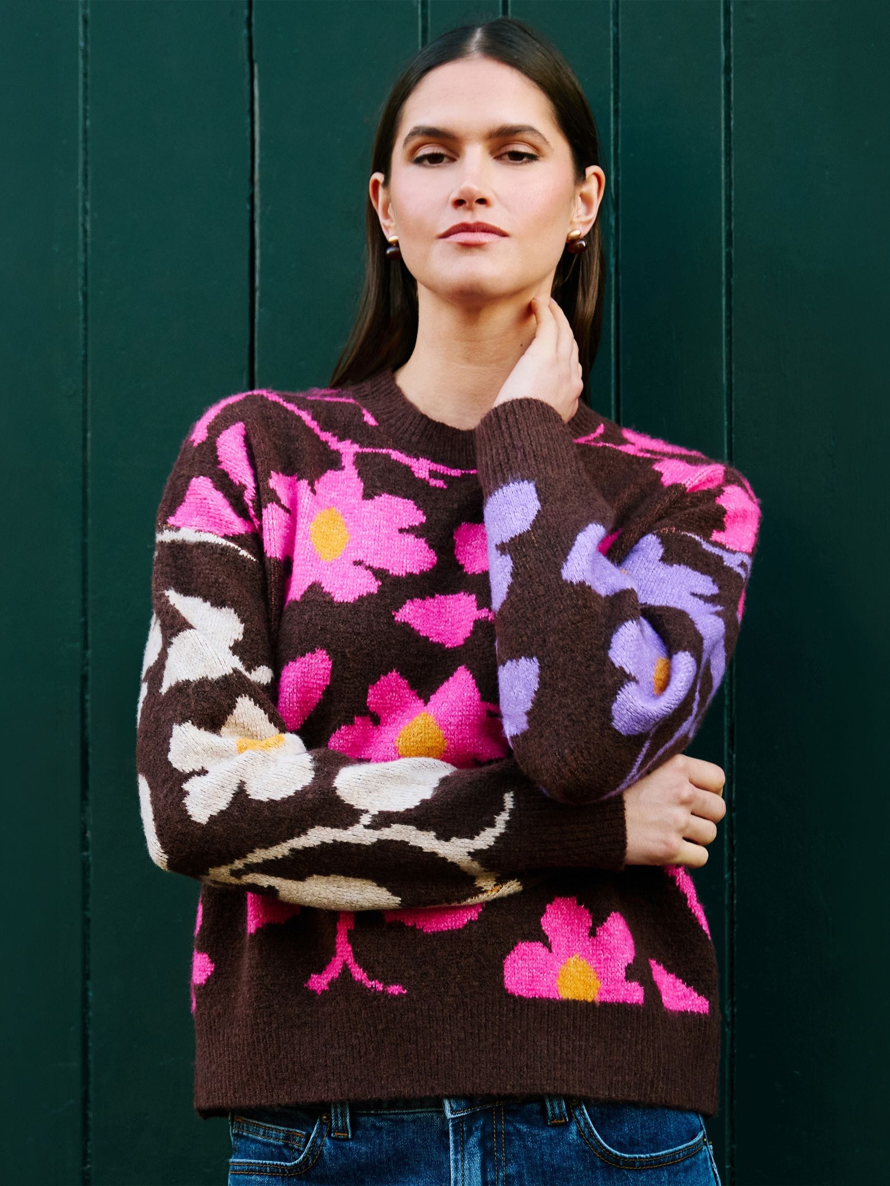 Yumi Women's Multicolor Floral Intarsia Relaxed Fit Jumper | : Large - Image 1