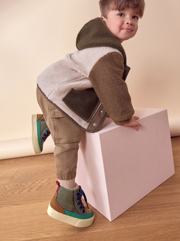 Green Colourblock High Top Lace-Up Boots with Zip Fastening - Image 1 of 7 Green Colourblock High Top Lace-Up Boots with Zip Fastening - Image 1 of 7