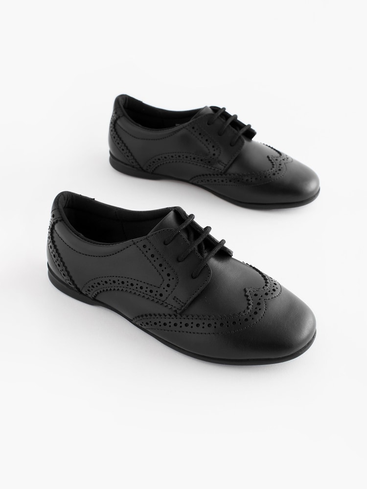 Matt Black Narrow Fit (E) Leather Brogue Lace-Up School Shoes - Image 1 of 7