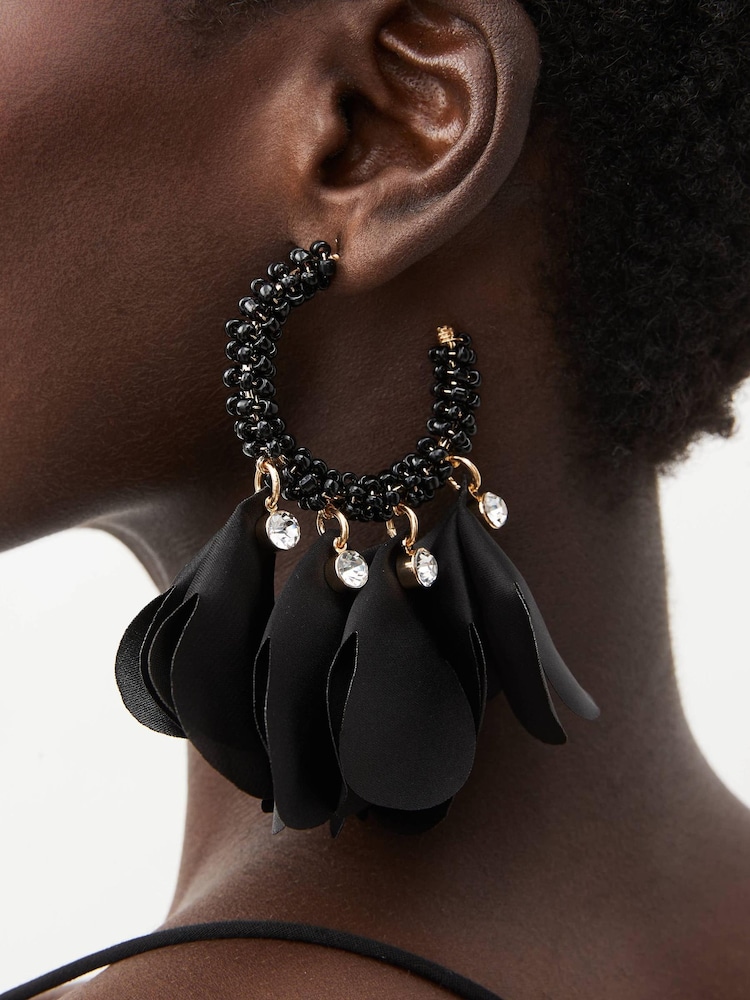 Black Petal Beaded Hoop Earrings - Image 2 of 3 Black Petal Beaded Hoop Earrings - Image 2 of 3