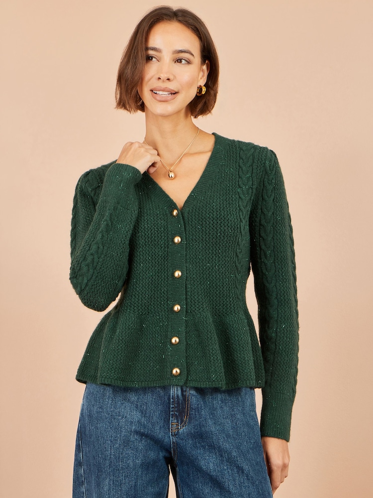 Yumi Green Cable Knit Peplum Cardigan - Image 2 of 5