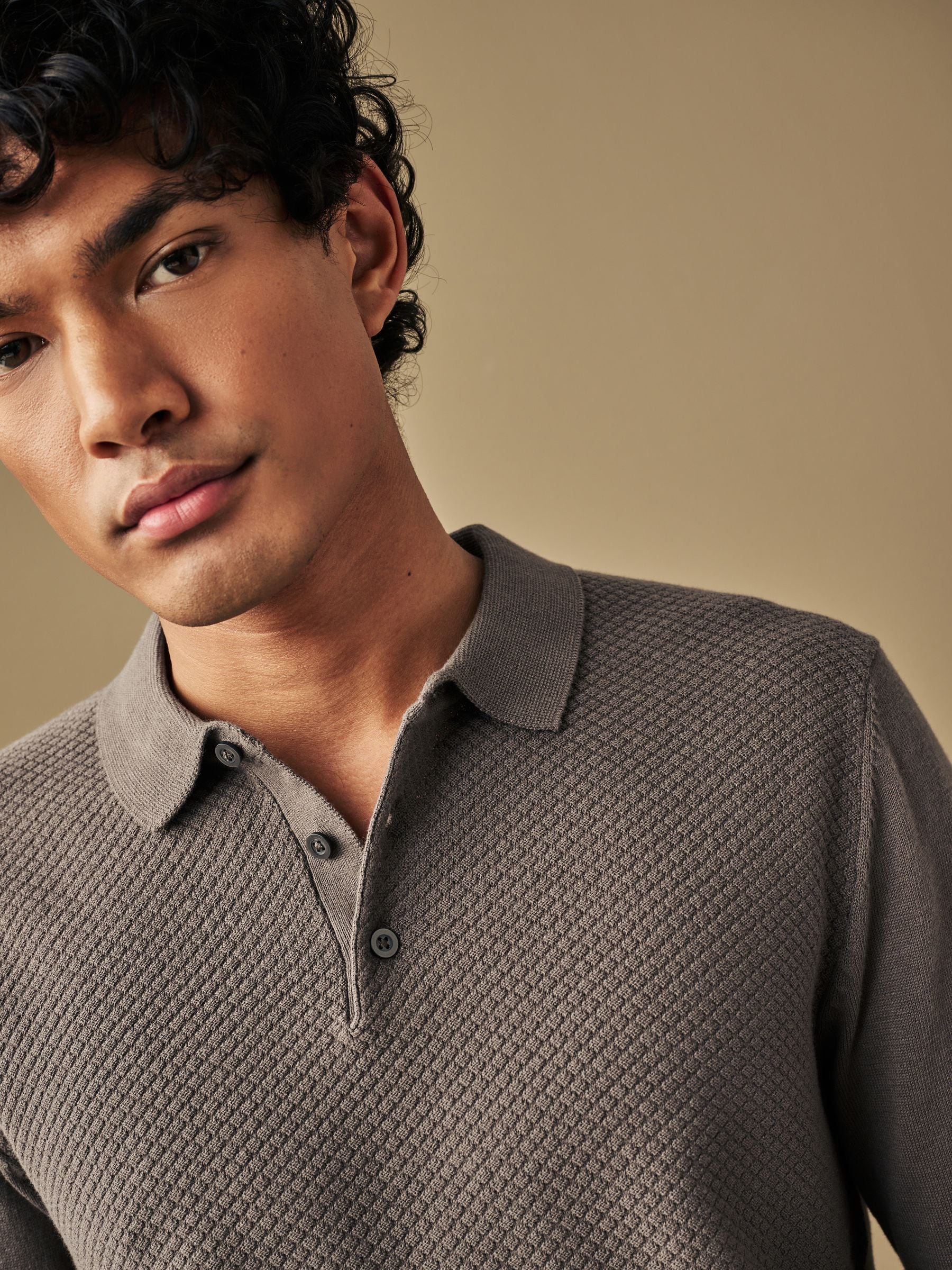 Buy Charcoal Grey Textured Regular Long Sleeve Knit Polo