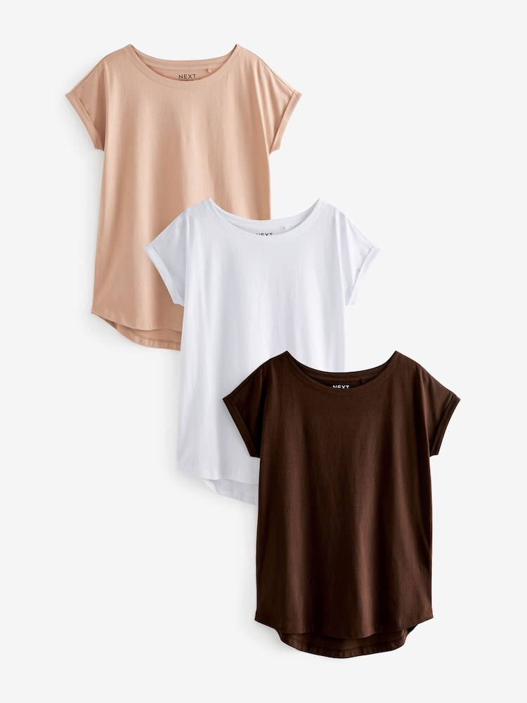 White/Brown/Neutral 100% Cotton Cap Sleeve T-Shirts 3 Pack - Image 1 of 8