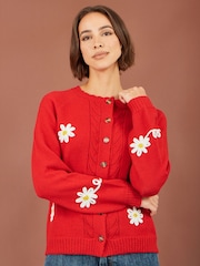 Yumi Red Daisy Stitch Cardigan - Image 1 of 5