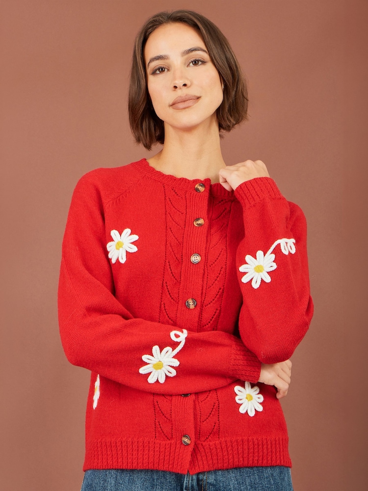 Yumi Red Daisy Stitch Cardigan - Image 1 of 5 Yumi Red Daisy Stitch Cardigan - Image 1 of 5