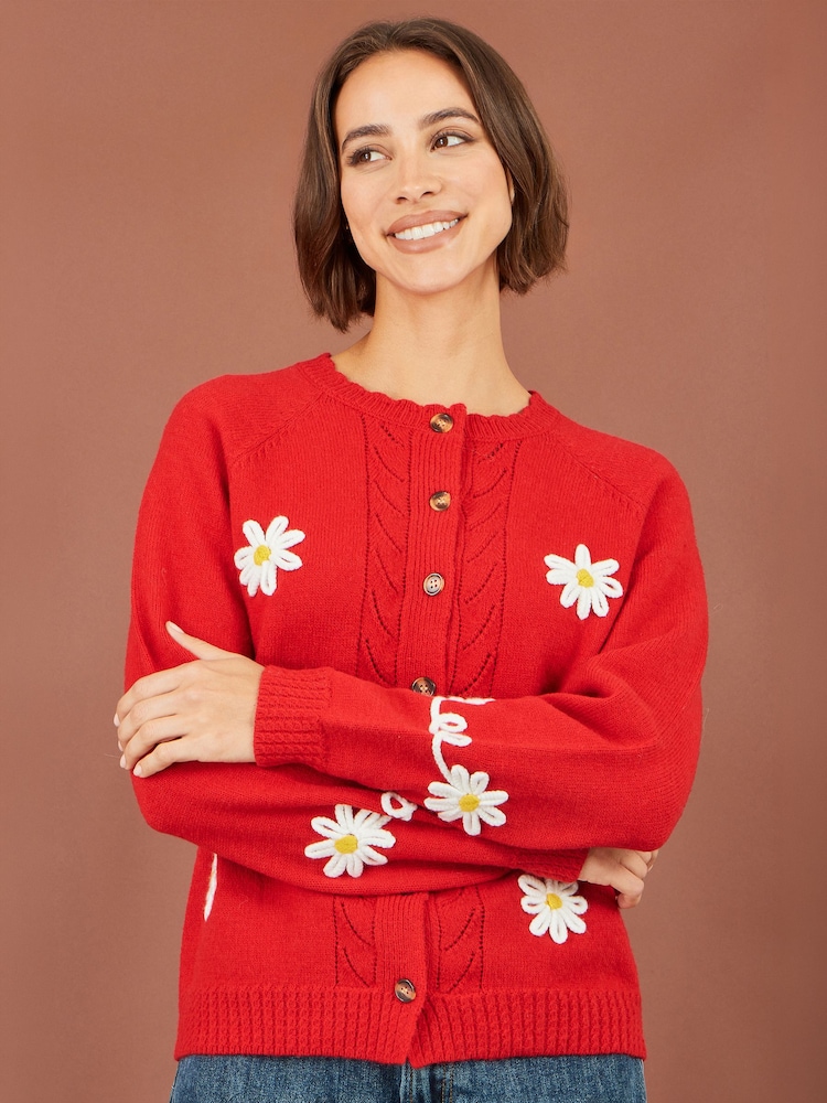 Yumi Red Daisy Stitch Cardigan - Image 2 of 5 Yumi Red Daisy Stitch Cardigan - Image 2 of 5
