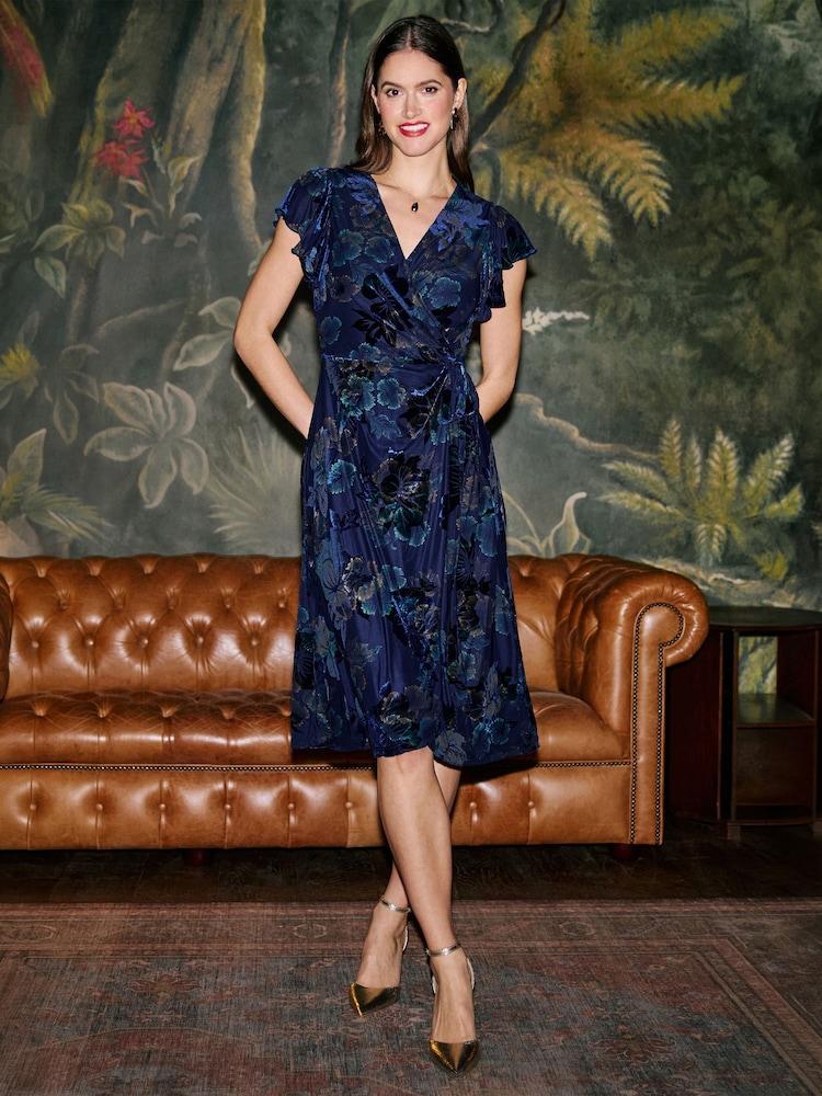 Yumi Blue Velvet Floral Wrap Midi Dress - Image 1 of 5 Yumi Blue Velvet Floral Wrap Midi Dress - Image 1 of 5