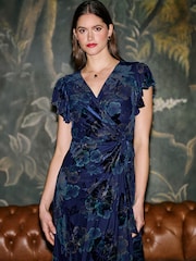Yumi Blue Velvet Floral Wrap Midi Dress - Image 2 of 5