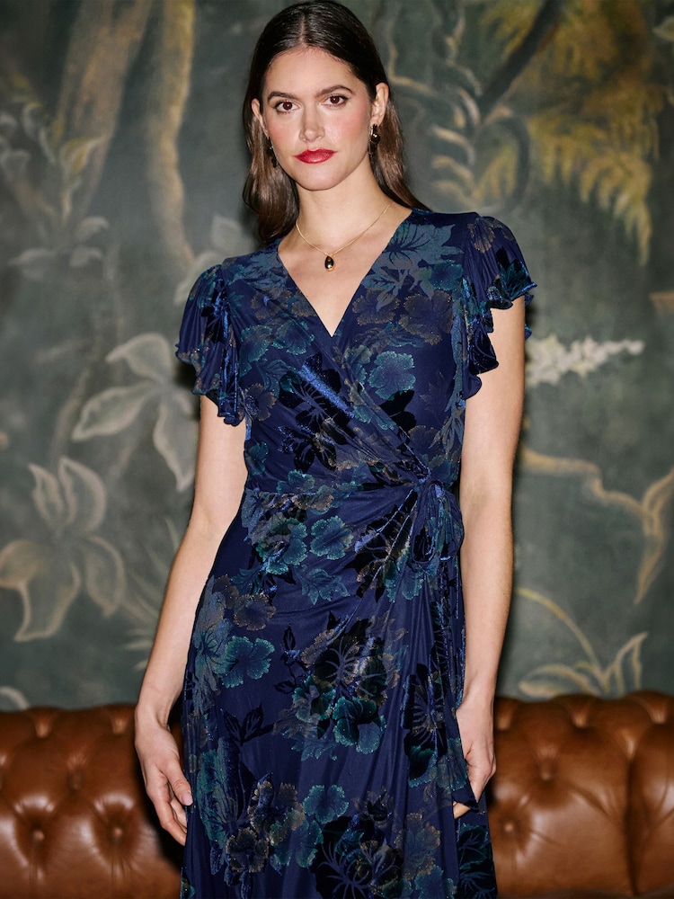 Yumi Blue Velvet Floral Wrap Midi Dress - Image 2 of 5 Yumi Blue Velvet Floral Wrap Midi Dress - Image 2 of 5