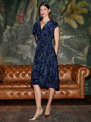 Yumi Blue Velvet Floral Wrap Midi Dress - Image 3 of 5