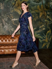 Yumi Blue Velvet Floral Wrap Midi Dress - Image 4 of 5