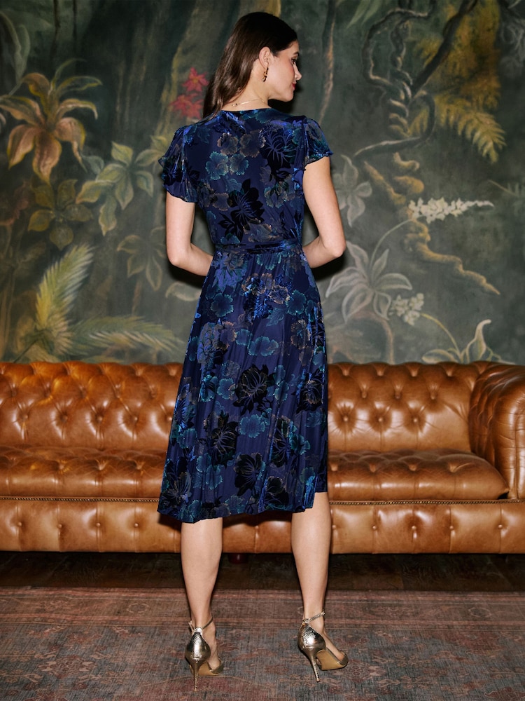 Yumi Blue Velvet Floral Wrap Midi Dress - Image 5 of 5 Yumi Blue Velvet Floral Wrap Midi Dress - Image 5 of 5