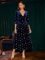Yumi Blue Velvet Embroidered Midi Dress - Image 1 of 5