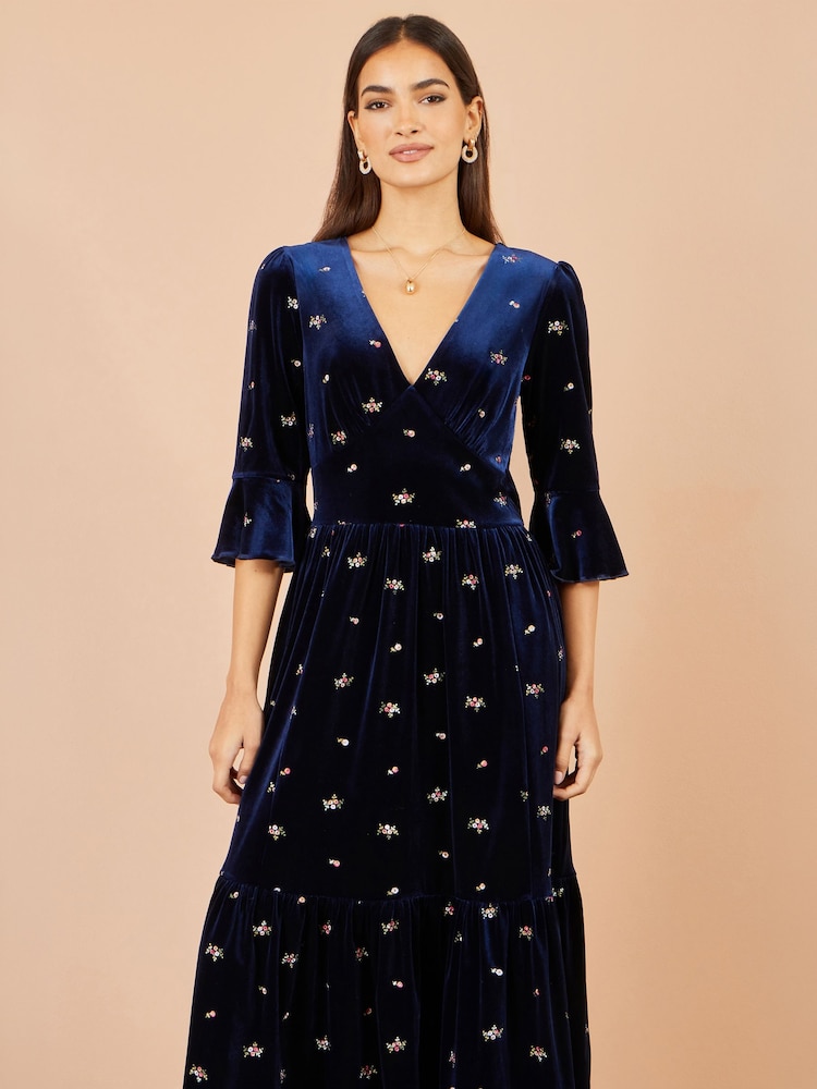 Yumi Blue Velvet Embroidered Midi Dress - Image 2 of 5