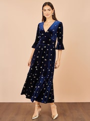 Yumi Blue Velvet Embroidered Midi Dress - Image 3 of 5
