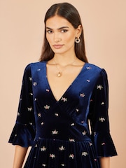 Yumi Blue Velvet Embroidered Midi Dress - Image 4 of 5