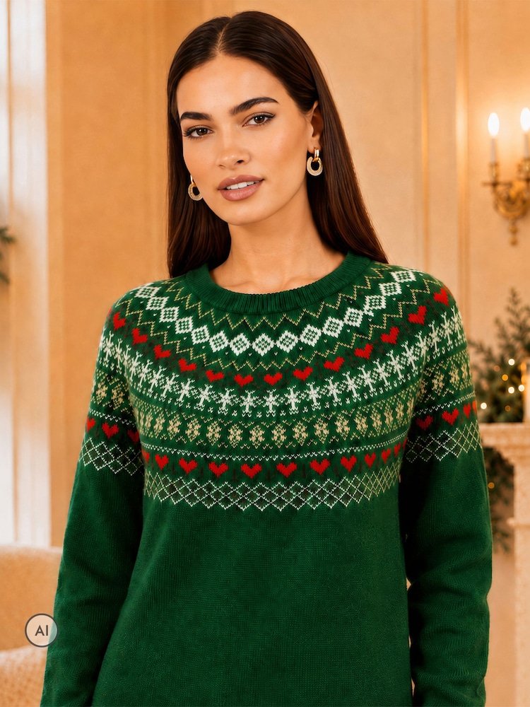Yumi Green Relaxed Fairisle Jumper - Image 2 of 4 Yumi Green Relaxed Fairisle Jumper - Image 2 of 4