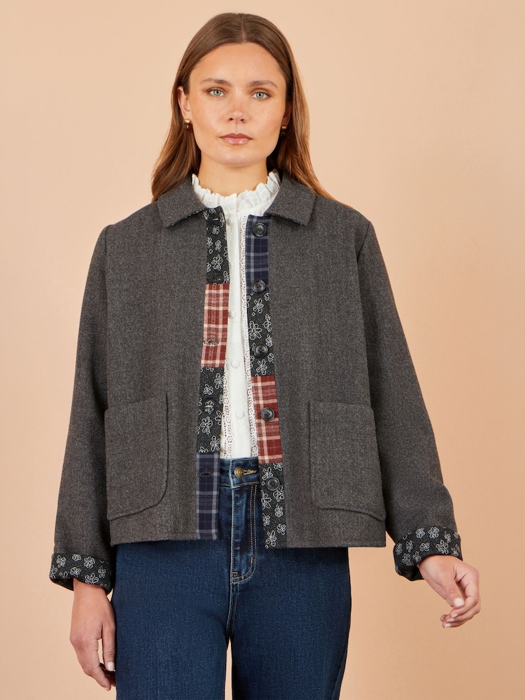 Yumi Grey Patchwork Boxy Jacket - Image 1 of 5 Yumi Grey Patchwork Boxy Jacket - Image 1 of 5