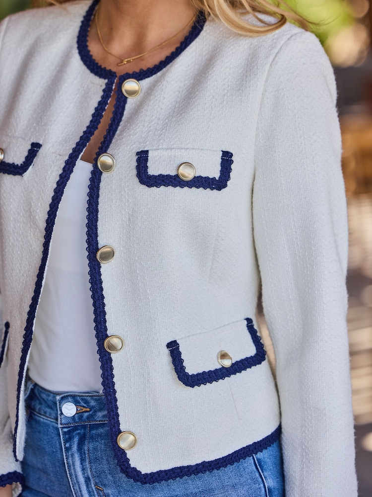 Sosandar Cream Contrast Trim Boucle Jacket - Image 5 of 5 Sosandar Cream Contrast Trim Boucle Jacket - Image 5 of 5