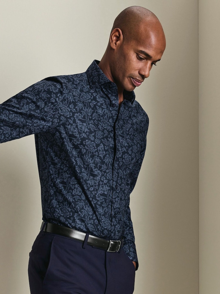 Charles Tyrwhitt Blue Non-Iron Stretch Floral Print Slim Fit Shirt - Image 1 of 7