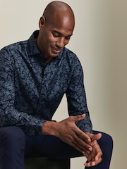 Charles Tyrwhitt Blue Non-Iron Stretch Floral Print Slim Fit Shirt - Image 4 of 7
