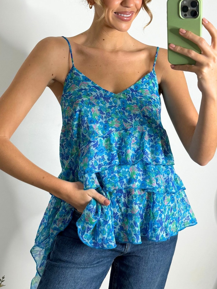 Style Cheat Blue Catalina Ruffle Floral Chiffon Tiered Cami Blouse - Image 1 of 4