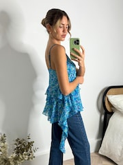 Style Cheat Blue Catalina Ruffle Floral Chiffon Tiered Cami Blouse - Image 3 of 4