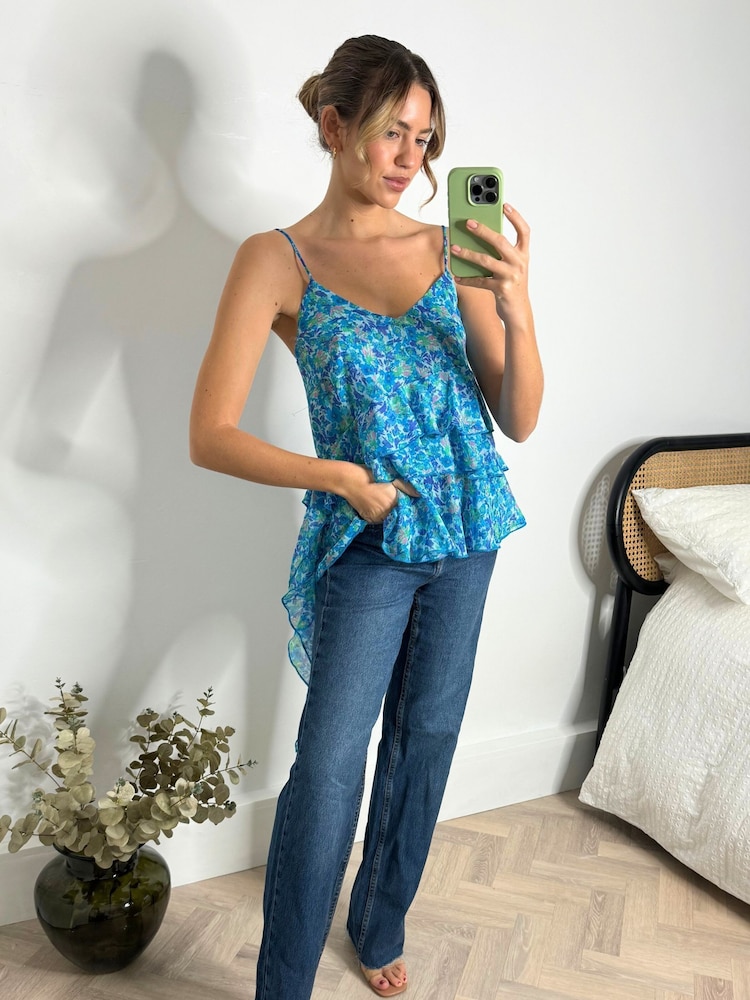 Style Cheat Blue Catalina Ruffle Floral Chiffon Tiered Cami Blouse - Image 4 of 4