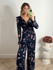 Style Cheat Blue Harper Frill Tie Back Jumpsuit - Image 1 of 4