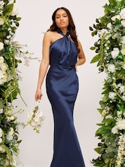 Style Cheat Navy Twist Neck Satin Maxi Dress - Image 1 of 4