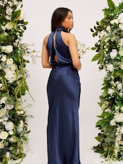 Style Cheat Navy Twist Neck Satin Maxi Dress - Image 2 of 4