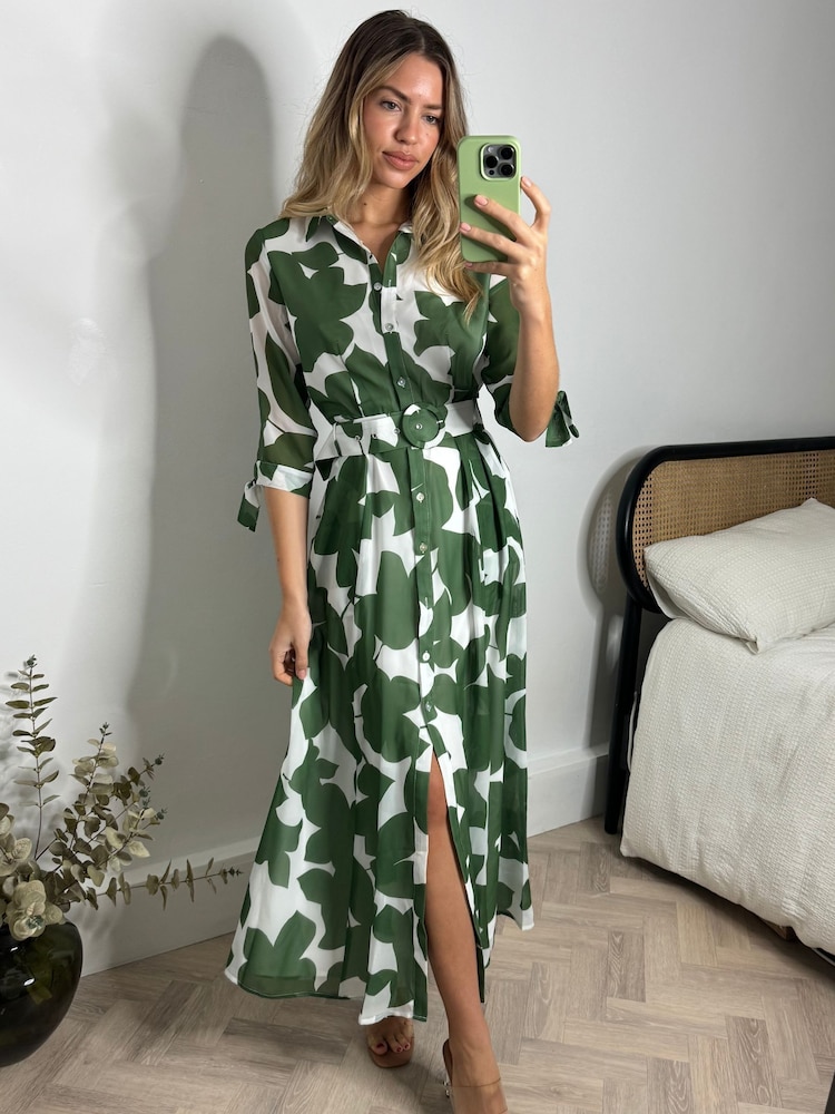 Style Cheat Green Daphne Belted Shirt Midaxi Dress - Image 2 of 5