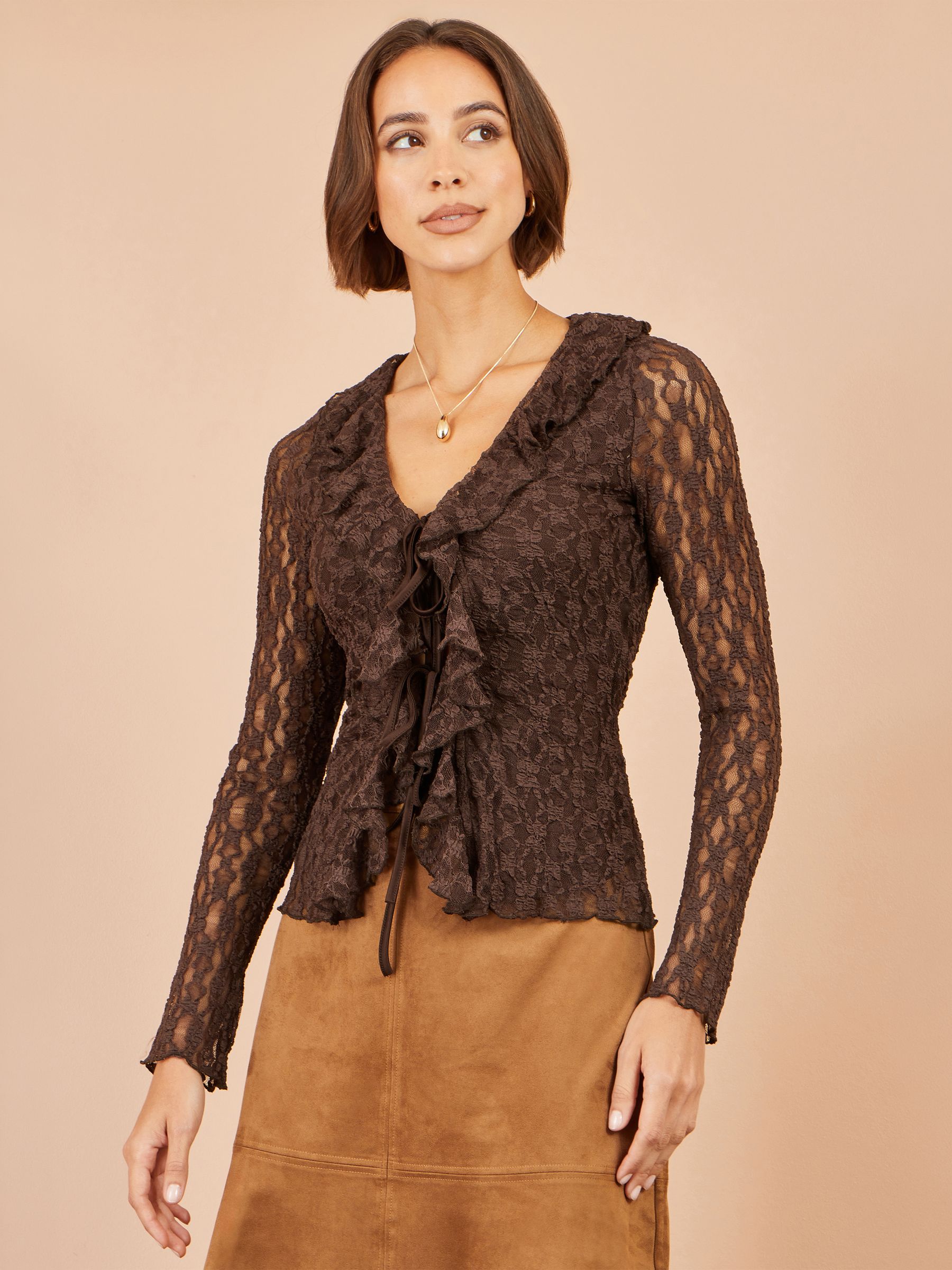 Yumi Women's Brown Ruffle Lace Top In | Size: 14 - Image 1