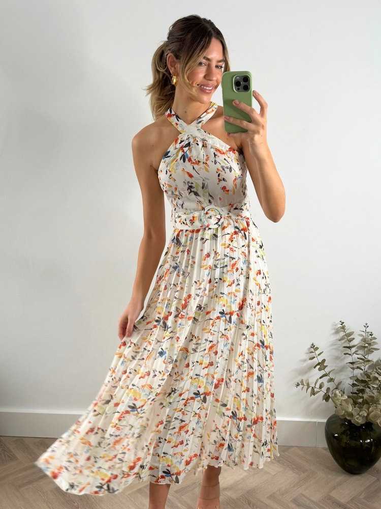 Style Cheat White Paige Belted Pleated Midi Dress - Image 1 of 4