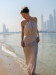 Style Cheat Cream Twist Neck Satin Maxi Dress - Image 2 of 5