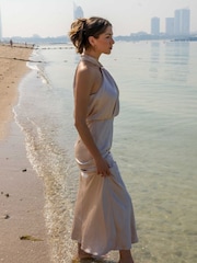 Style Cheat Cream Twist Neck Satin Maxi Dress - Image 4 of 5