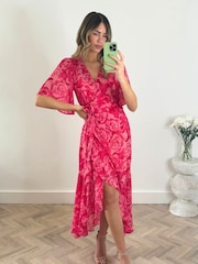 Style Cheat Pink Clara Angel Sleeve Corsage Detail Midi Dress - Image 1 of 4