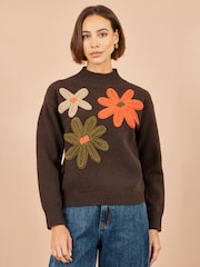 Yumi Brown Knitted High Neck Jumper With Appliqué Flowers - Image 1 of 4
