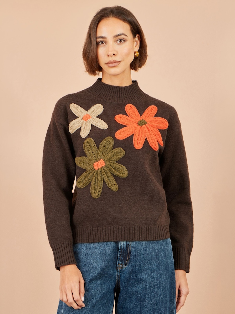 Yumi Brown Knitted High Neck Jumper With Appliqué Flowers - Image 1 of 4 Yumi Brown Knitted High Neck Jumper With Appliqué Flowers - Image 1 of 4