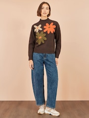 Yumi Brown Knitted High Neck Jumper With Appliqué Flowers - Image 2 of 4