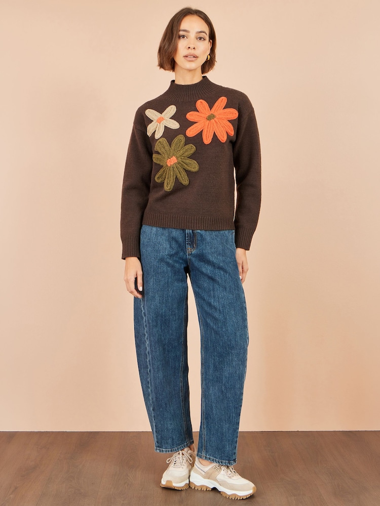 Yumi Brown Knitted High Neck Jumper With Appliqué Flowers - Image 2 of 4 Yumi Brown Knitted High Neck Jumper With Appliqué Flowers - Image 2 of 4
