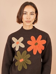 Yumi Brown Knitted High Neck Jumper With Appliqué Flowers - Image 3 of 4
