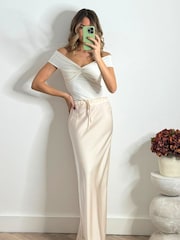 Style Cheat Natural Sylvia Drawstring Satin Slip Midaxi Skirt - Image 1 of 4
