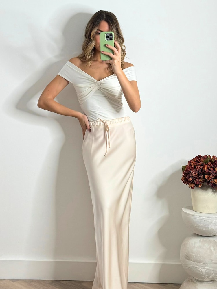 Style Cheat Natural Sylvia Drawstring Satin Slip Midaxi Skirt - Image 1 of 4