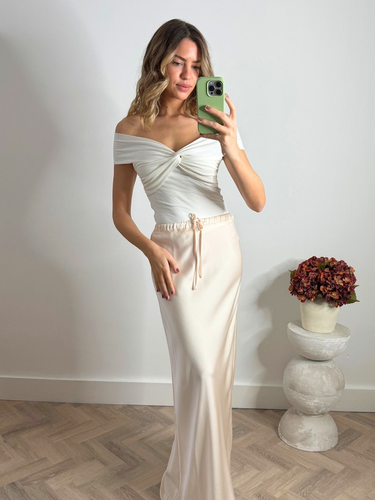 Style Cheat Natural Sylvia Drawstring Satin Slip Midaxi Skirt - Image 4 of 4