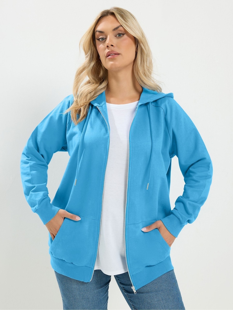 Yours Curve Blue Zip Through Raglan Hoodie - Image 1 of 7 Yours Curve Blue Zip Through Raglan Hoodie - Image 1 of 7