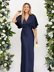 Style Cheat Blue Angel Sleeve Maxi Satin Dress - Image 1 of 5