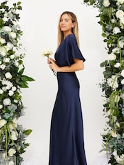 Style Cheat Blue Angel Sleeve Maxi Satin Dress - Image 3 of 5