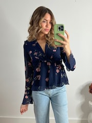 Style Cheat Blue Edith Frill Tie Back Blouse - Image 1 of 4