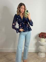 Style Cheat Blue Edith Frill Tie Back Blouse - Image 2 of 4